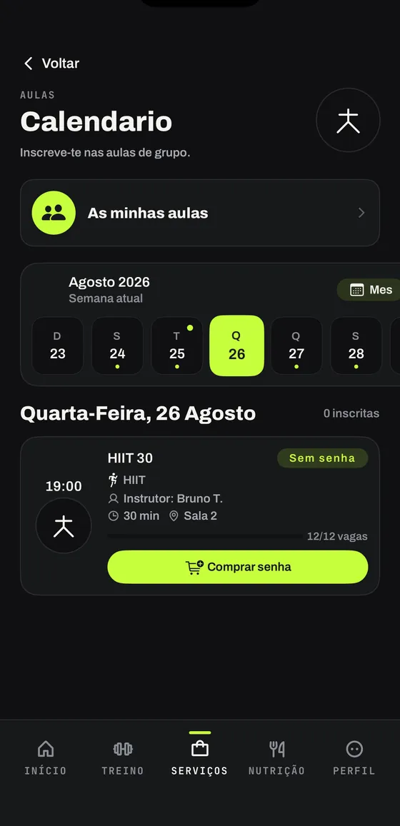 Calendário de aulas de grupo com marcação de senha